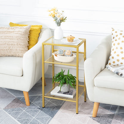 HOOBRO Side Table Gold, Telephone Table, 3-Tier Nightstand with Tempered Glass Top and Grid, Coffee Table for Living Room, Bedroom, Gold Color EGD04DH01