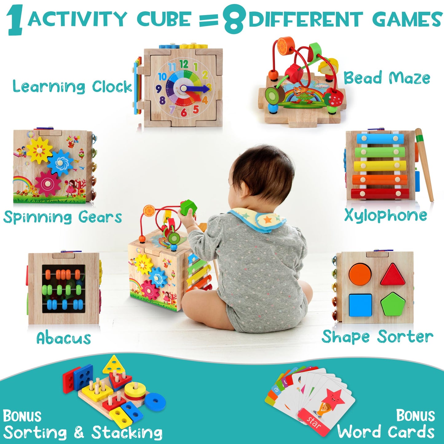 HELLOWOOD wooden activity cube 8 in 1 motor skills toy with stacking and sorting board word cards (in English) Montessori educational toy for toddlers babies 18 months and up