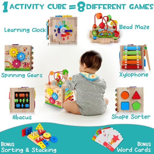 HELLOWOOD wooden activity cube 8 in 1 motor skills toy with stacking and sorting board word cards (in English) Montessori educational toy for toddlers babies 18 months and up