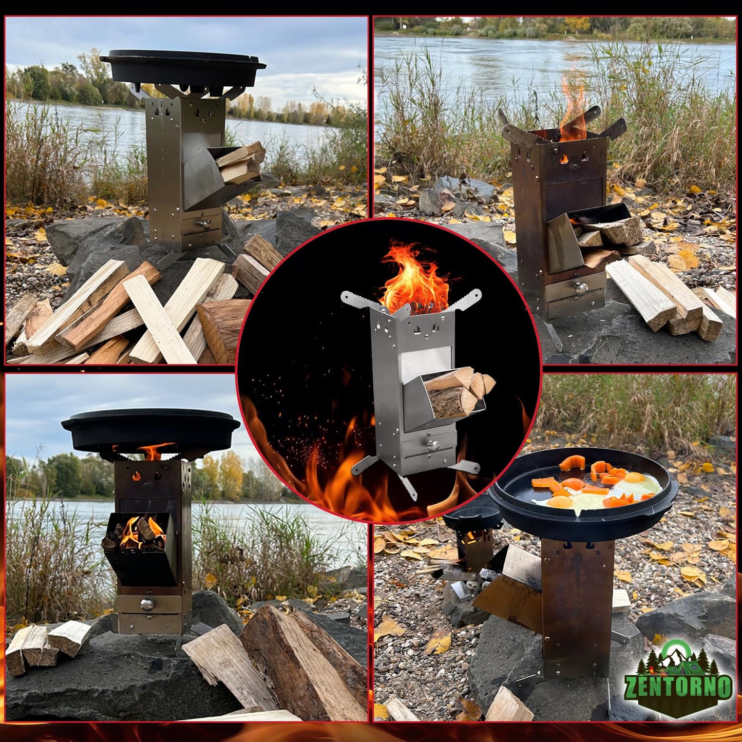 Zentorno Rocket Stove 2023 with carrying bag | Outdoor stainless steel wood stove [rustproof] Camping stove for pans and pots with Ø 15-25cm | Rocket Stove, (WMCP06-SF4)