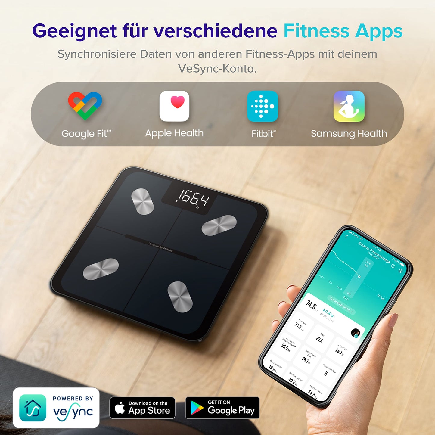Etekcity Body Fat Scale, Digital Scale with APP 180 kg/400 lbs, Smart Scale with Body Fat and Muscle Mass, Bluetooth Scale for Baby and Pregnant Women, Black