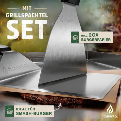 flame valley - Plancha Grill Plate [30x40 cm] - Stainless steel grill plate with spatula set & 20 burger paper - Solid 4mm stainless steel grill plate for gas grill.