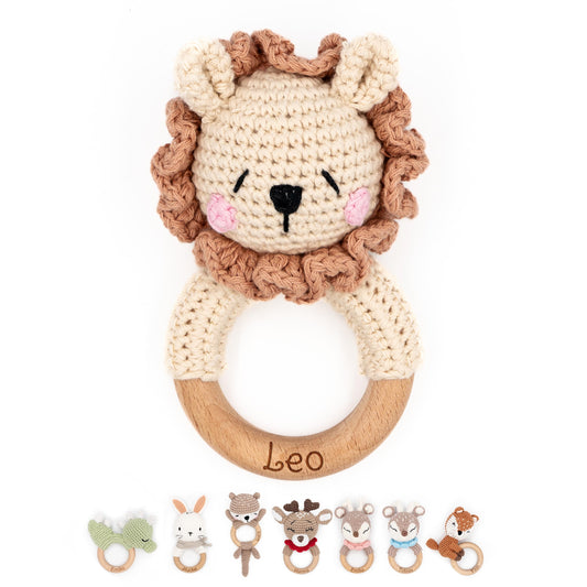 Muckelmeister wooden teething toy personalized with name - crocheted animal baby rattle - baby gifts for girls/boys - small gifts for newborns - lion.