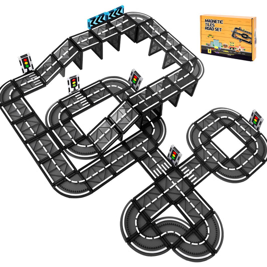 BuzzoXerex Magnetic Building Blocks Road Set, 70PCS Magnetic Tiles City Streets, Magnetic Blocks Road Extension Set Learning Activities Gift for 3 4 5 year olds