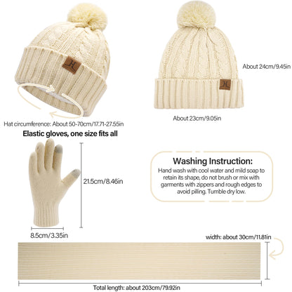 Comfortable charging women's winter warm beanie hat touchscreen gloves long scarf set with fleece lining, thermal winter hat pom pom beanies scarves winter gloves women's gift, apricot