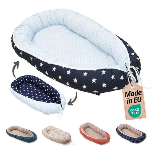 ULLENBOOM Baby nest - 100% OEKO-TEX materials & Made in EU, Blue Light blue - Baby nest for newborns made of cuddly cotton, Ideal as a travel bed & cuddle nest.