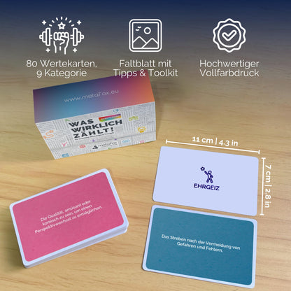 metaFox "What truly matters!" - 80 value cards for coaching, workshops, and therapy - For life coaching, act therapy cards, personal values cards, and therapy tools.