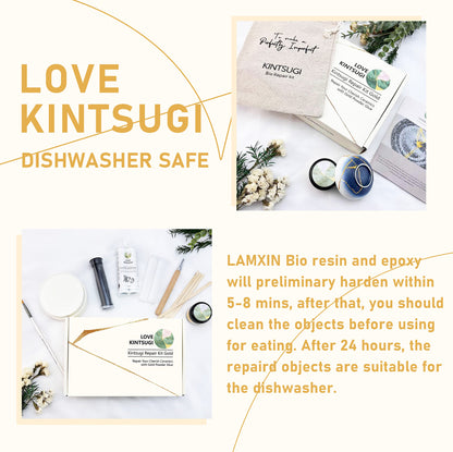LAMXIN Bio Kintsugi Set - The repaired dishes are dishwasher safe, made with organic materials. Repair ceramics, vases with gold adhesive. Japanese repair art craftsmanship.