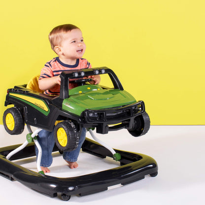 Bright Starts, John Deere Gator 4-in-1 Walk Behind Activity Toy features height-adjustable, foldable design for two kids, with sounds and lights.