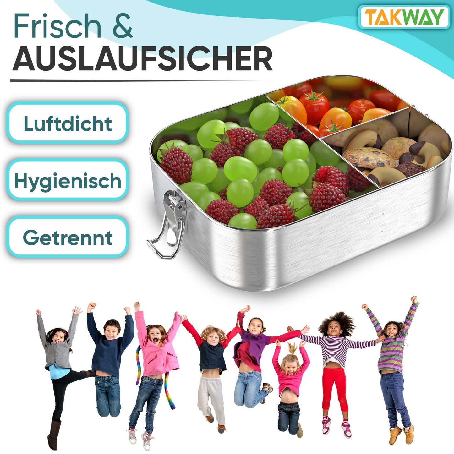 TAKWAY Stainless Steel Lunch Box for Kids with Compartments 800ml | Leakproof | Bento Box with Adjustable Dividers | Snack Box for Preschool Kindergarten School (Unicorn, 3 Compartments)