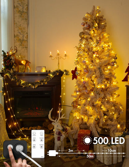 BESCOST outdoor plug-in string lights, 50m 500 LED indoor string lights with remote control, 8 modes dimmable waterproof fairy lights with timer for outdoor garden balcony wedding party, warm white.