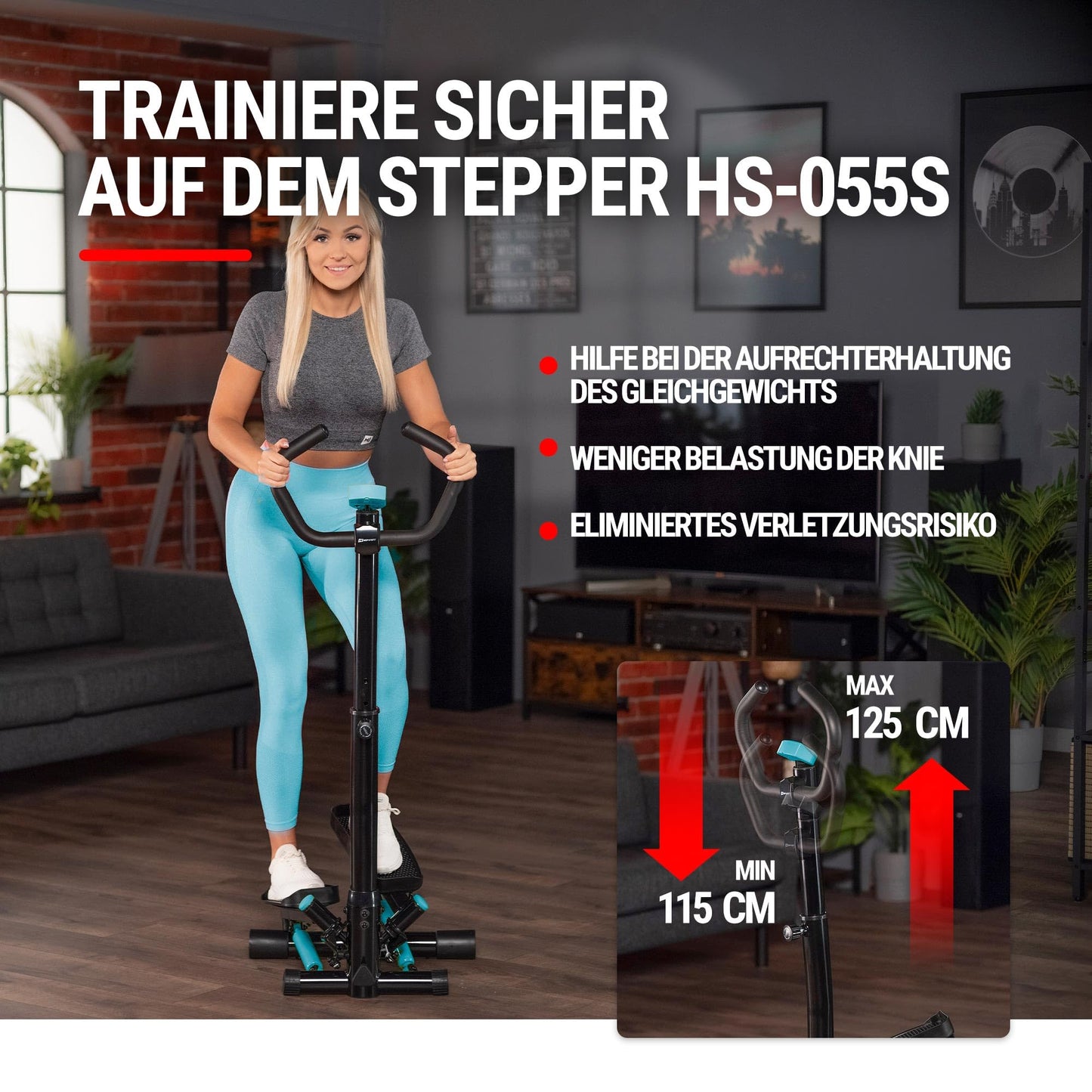 Hop-Sport stepper noble blue with handlebar, training computer & expanders for home, stable & compact, ideal for fitness & cardio workouts, max. user weight 100 kg.