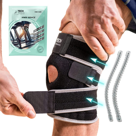 Tech Therapeutics adjustable knee brace for women and men - knee orthosis for meniscus and patella, knee brace for support with side stabilizers, knee support for joint pain relief and arthritis