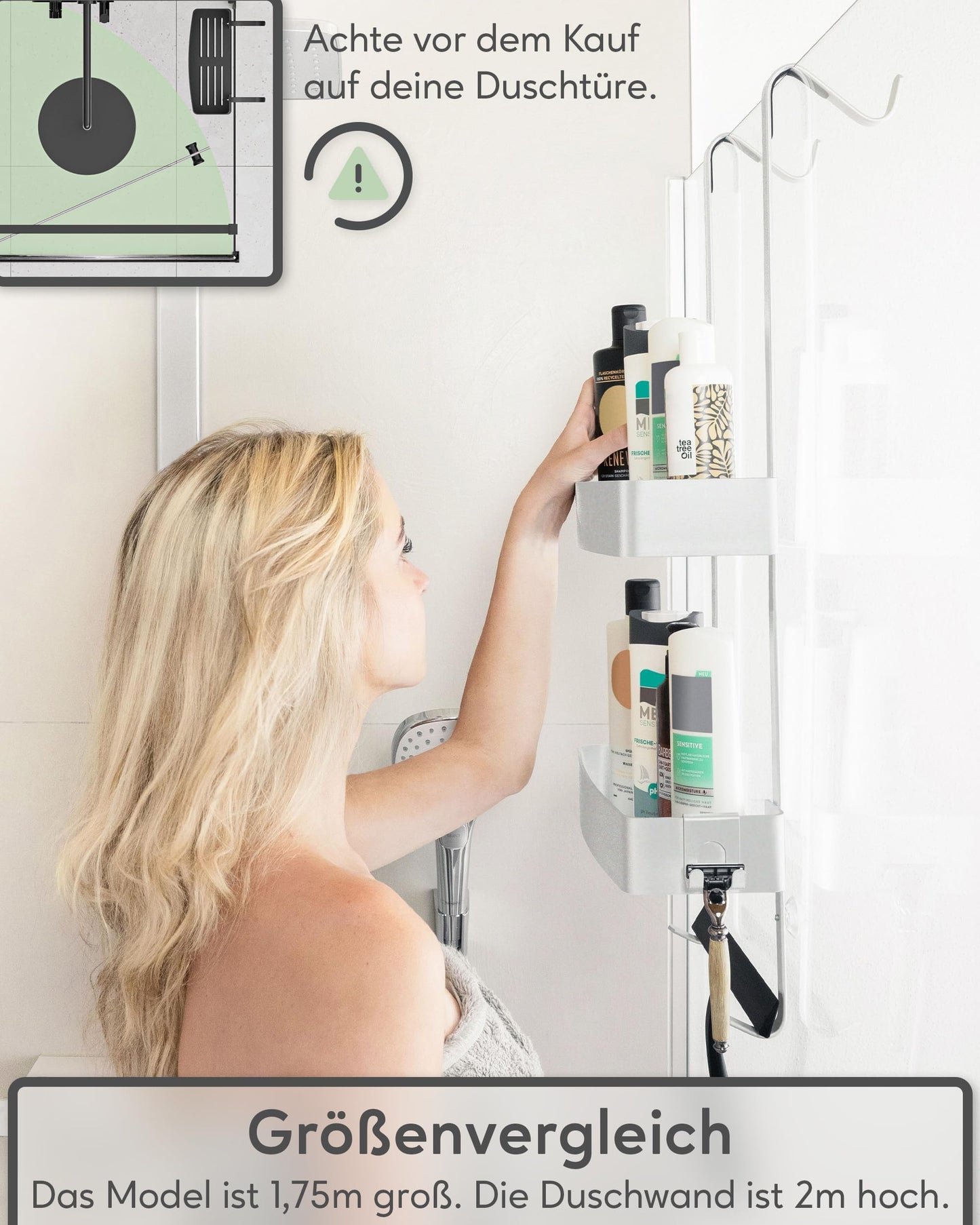 QUALISH® hanging shower caddy - shower shelf to hang on the shower wall - hanging shower basket with glass protection and additional hooks - hanging shower caddy without drilling - silver metallic