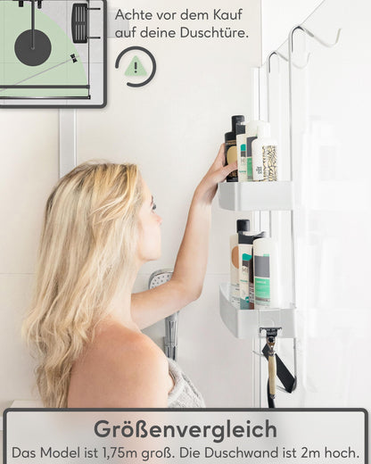 QUALISH® hanging shower caddy - shower shelf to hang on the shower wall - hanging shower basket with glass protection and additional hooks - hanging shower caddy without drilling - silver metallic