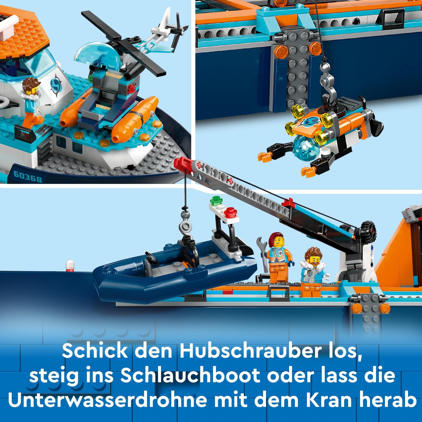 LEGO City Arctic Research Vessel, large floating toy boat with helicopter, dinghy, ROV submarine, Viking shipwreck, 7 minifigures & orca figure, gift for kids aged 7 and up 60368