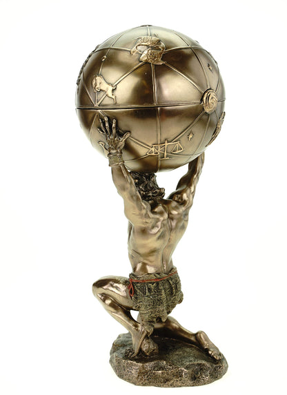 Atlas carries the world on his shoulders, bronze figure sculpture titan.