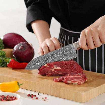 Zayiko Damascus Santoku Knife Blade 17 cm I made of 67 layers I Damascus kitchen knife made of real black Damascus steel with birch root wood handle Kinone series