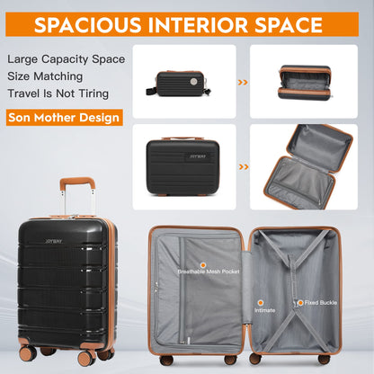 Joyway luggage set 3 pieces hard shell with 4 wheels and TSA lock. The luggage set includes 1 cosmetic case and 1 portable bag in black/brown.