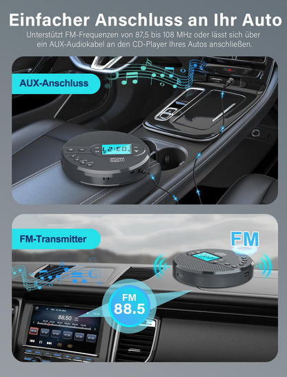 Discman CD player with Bluetooth FM transmitter, headphones, LCD screen, AUX, built-in speaker, USB connection, 2000mAh rechargeable portable CD player with anti-skip protection.