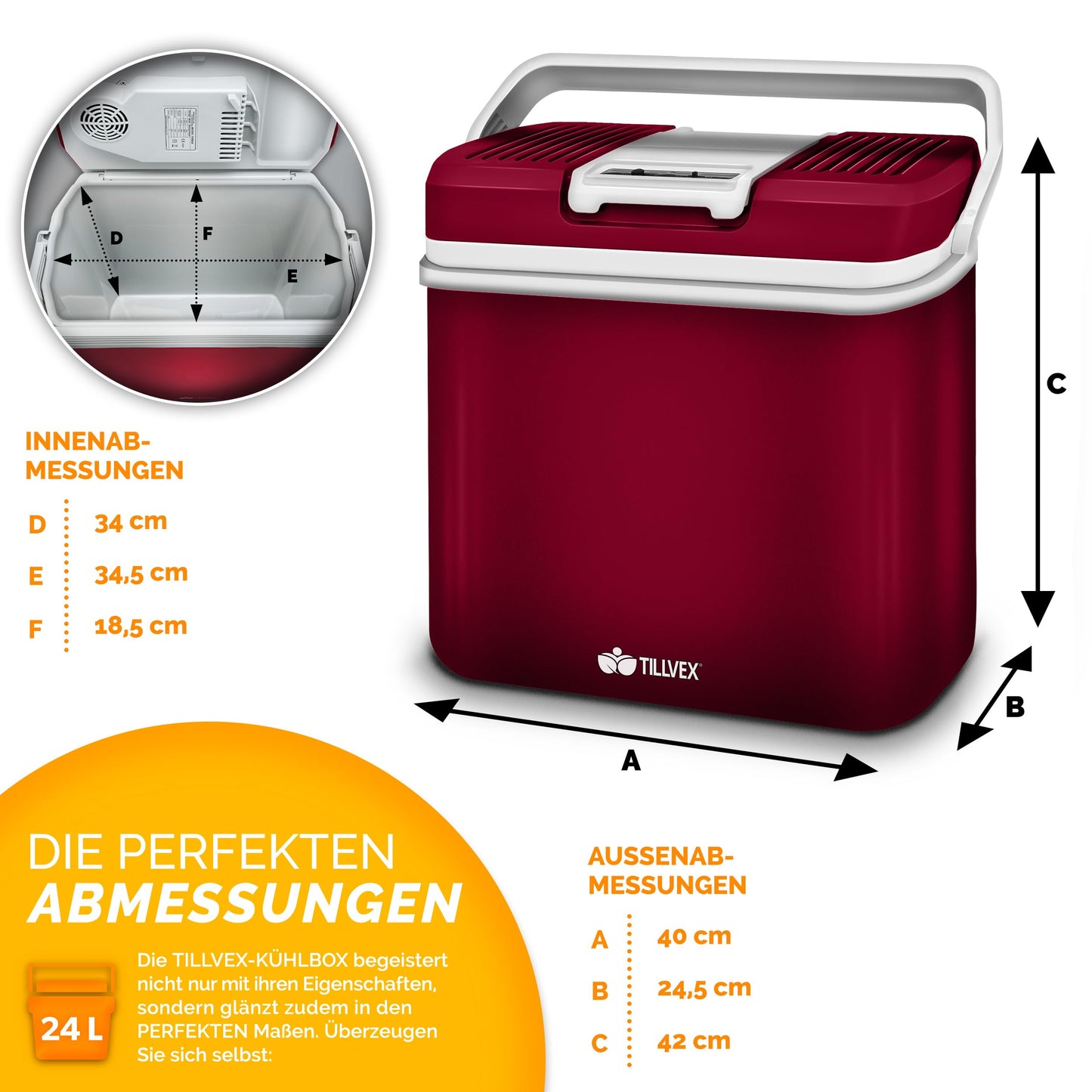 tillvex 24L Electric Cooler Box | Mini Fridge 230V and 12V for Car Camping | cools & warms | ECO Mode (Red)