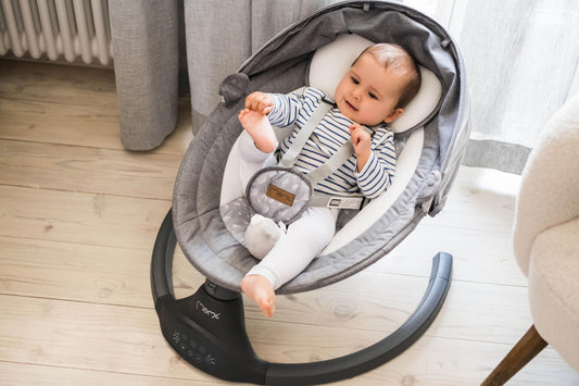 MoMi KENANI baby bouncer for children up to 9 kg, foldable, with remote control & Bluetooth for connecting to smartphone, battery or power connection, with 5-point safety harness, sunshade, insect net