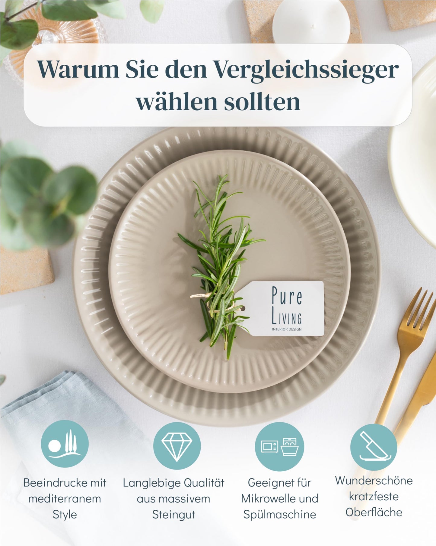 Stoneware dinnerware set for 6 people Hygge 24 pieces. WINNER, Gorgeous Scandinavian Stoneware Dinnerware Set, Bowl and Plate Set, Tableware for 6 people, Dinnerware Sets Pure Living in light brown.