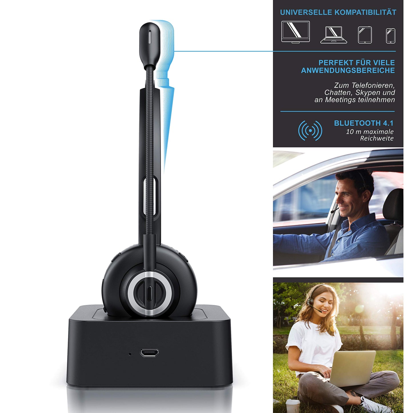 CSL - Wireless headset with charging dock - Mono Bluetooth headset with microphone - USB charging port - Multipoint, noise cancellation - lightweight - hands-free calling - PC tablet smartphone - home office office