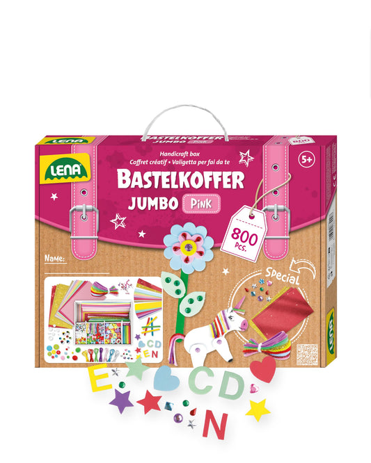 Lena Jumbo Craft Kit with 800 pieces, includes paper, foam, pipe cleaners, rhinestones, googly eyes, pom poms, and buttons, pastel colors with pink tones, for ages 5 and up.