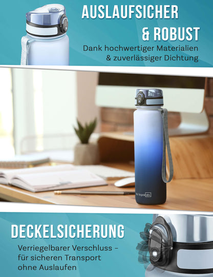 My Vesperbox 1L water bottle - leak-proof & BPA-free - for kids & adults - includes spare seal, cleaning brush, fruit infuser & optional straw - perfect for school, office, sports & leisure.