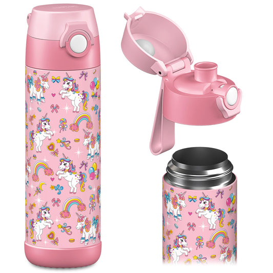 JARLSON® Kids Water Bottle "MALI" - Stainless Steel Thermos Bottle - BPA free - Leakproof - Kids Bottle with Chug Lid - Bottle for School, Kindergarten - 350ml (Unicorn, 500ml)