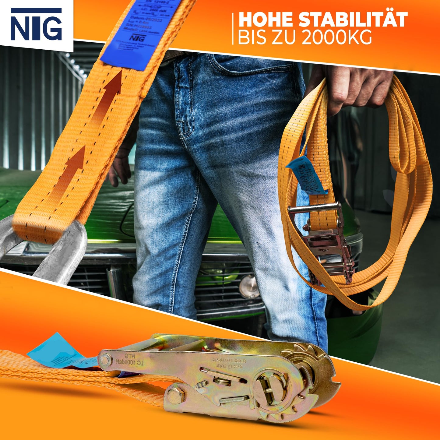 10 pieces of tie-down straps, 4m long, 2t (2000 daN, KG) - TUV/GS tested - one-piece, 35mm wide with galvanized steel ratchet - sturdy & weatherproof -