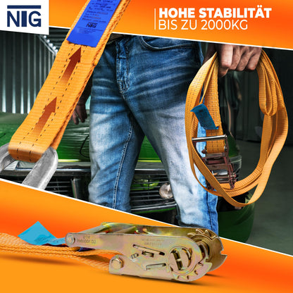 10 pieces of tie-down straps, 4m long, 2t (2000 daN, KG) - TUV/GS tested - one-piece, 35mm wide with galvanized steel ratchet - sturdy & weatherproof -