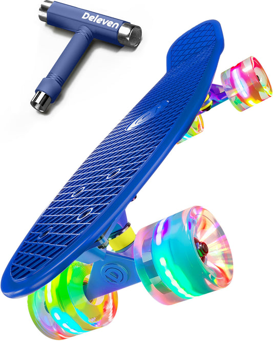 Deleven Skateboard with LED wheels, skate tool, and ABEC 7 bearings - for kids, adults, and beginners - 56 cm