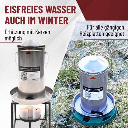 Chicken waterer 4 liters stainless steel: Poultry drinker metal easy cleaning | Heated chicken drinker compatible with candles + drink warmer for chickens.