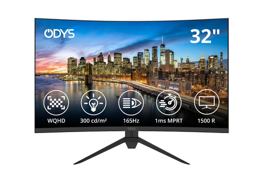 Odys XP32 80cm (32") WQHD Curved Monitor (2,560x1,440 pixels, 165Hz, 1ms response time, AMD FreeSync, NVIDIA G-Sync compatible, blue light reduction, HDMI, Display Port,) black