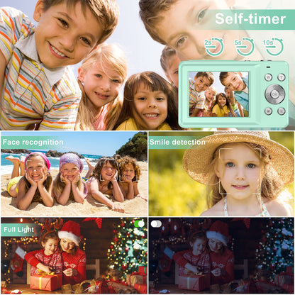 Digital camera 44MP 1080P HD photo camera with 32GB card, compact camera 16X digital zoom with 2 rechargeable batteries, camera for kids, teenagers, beginners, boys, girls (green)