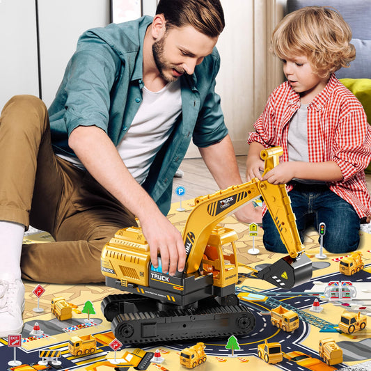 TEMI Excavator Toy for 3 4 5 6 7 8-year-old Boys, Construction Vehicle with Race Track, Crane Toy for Kids, Birthday Gift for Boys and Girls from 3 years.