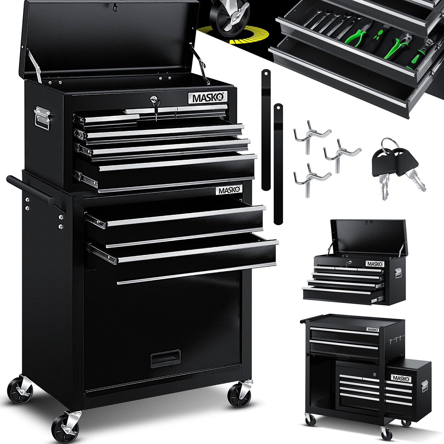 MASKO® workshop cart with toolbox - 9 compartments lockable | Solid metal | Mobile tool cart without tools | Professional | Tool storage trolley with lock | Black