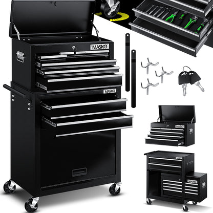 MASKO® workshop cart with toolbox - 9 compartments lockable | Solid metal | Mobile tool cart without tools | Professional | Tool storage trolley with lock | Black