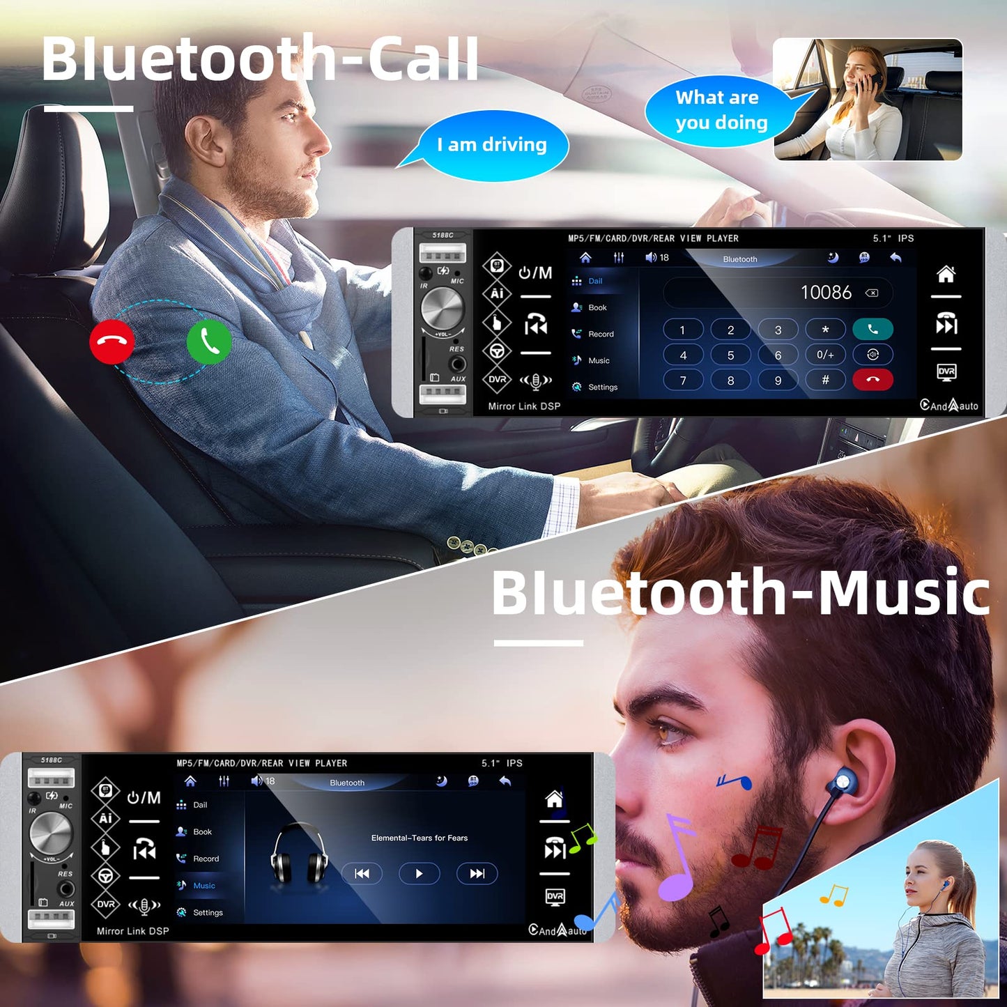 Podofo car stereo 1Din Carplay Android Auto Bluetooth Radio with 5.1'' IPS screen 2 USB/microphone/AUX/FM steering wheel control Mirror Link with rear view camera