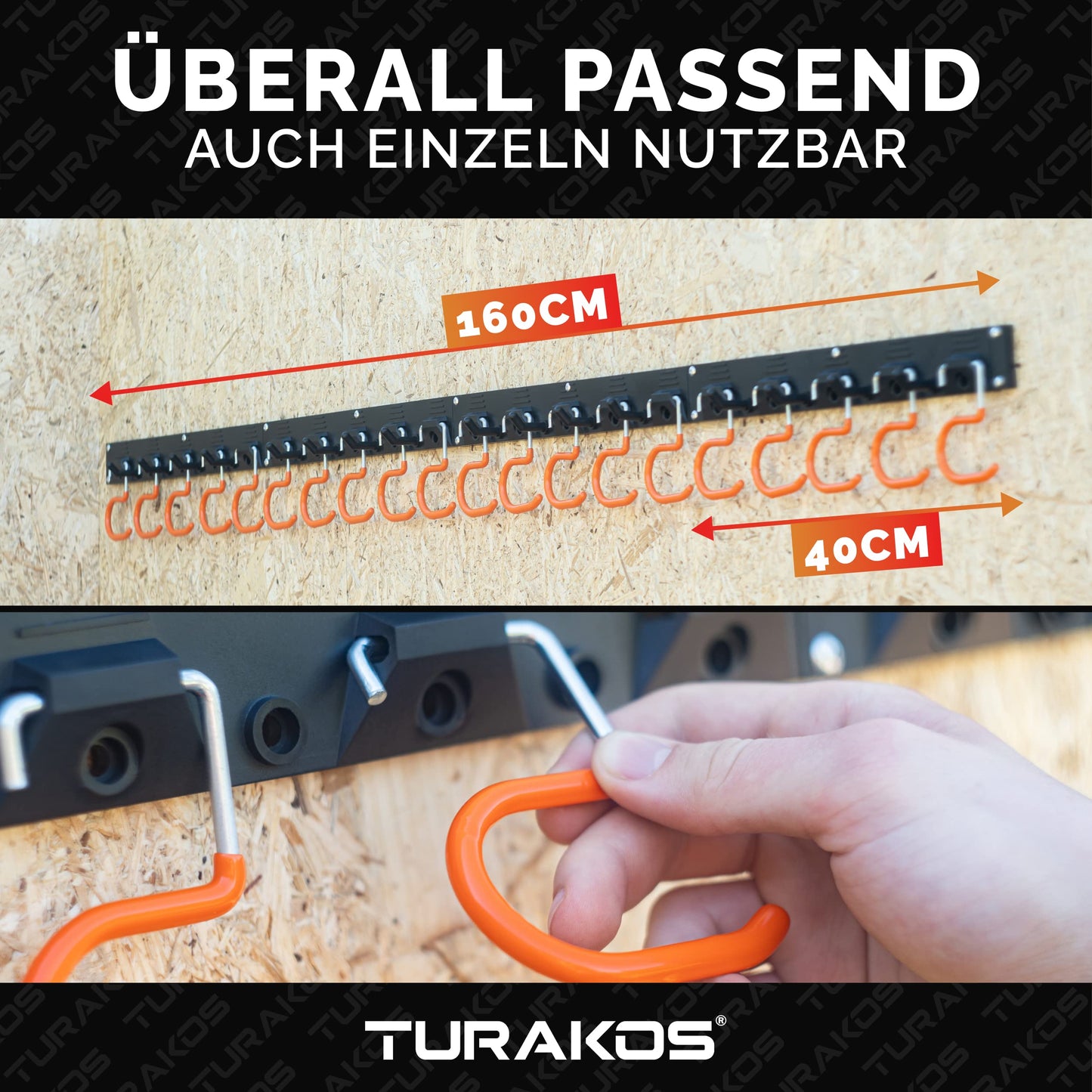 TURAKOS garden tool holder - 4x 40cm tool holder wall mount with anti-slip rubber coating, garden tool hanging for garage, tool shed, basement