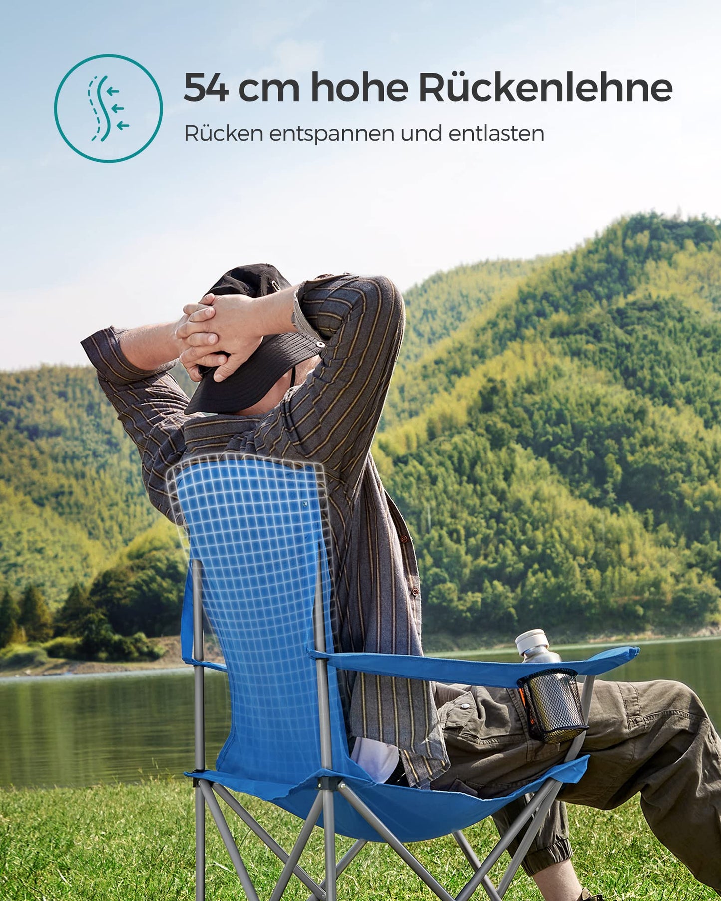 SONGMICS 2-Pack Camping Chairs, Foldable Outdoor Chairs, Fishing Chairs, High Backrest, Armrests, Cup Holder, Supports up to 150 kg, Portable for Camping, Garden, Patio, Blue GCB08BU