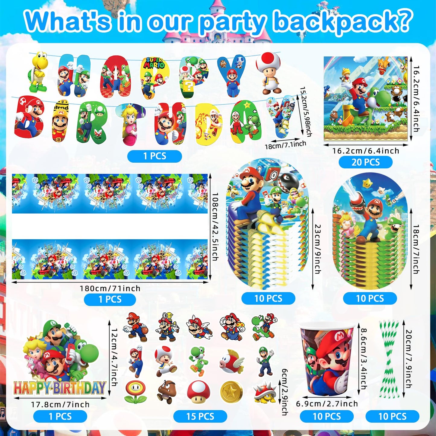 102Pcs Ma Rio paper plates children's birthday decor Super Bros birthday tableware set birthday decorations party tableware party decor tablecloth napkins plates and cups balloon banner cake decoration for 20 guests.