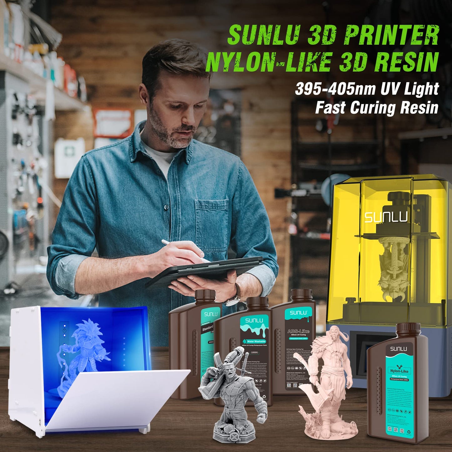 SUNLU Nylon-like 3D printing resin, high strength and durable photopolymer resin for LCD/DLP/SLA printers, 395-405nm UV curing, great for functional parts, prototypes, 1000G Grey.