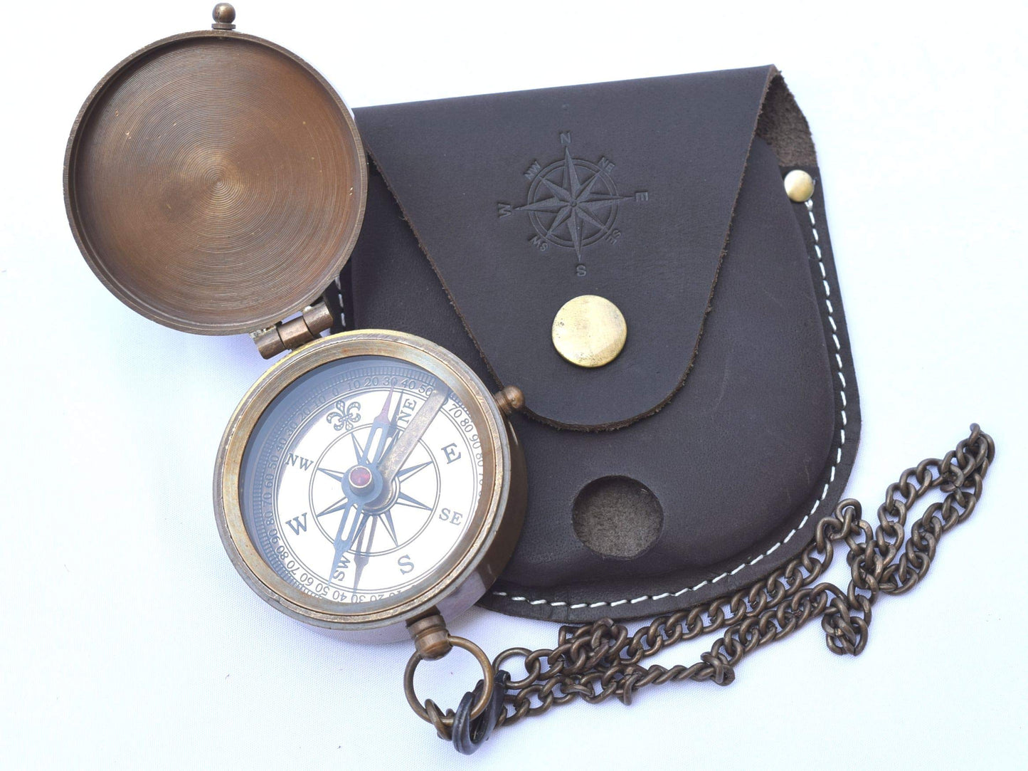NEOVIVID Engravable Compass, Brass, Leather Pouch, Pirate Compass, Gift Compass, Camping Compass with Needle-lifting Mechanism.