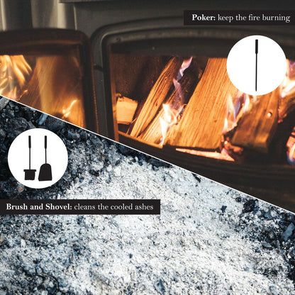 JVL Belmont modern fireplace tool set, Steel, black, 23 x 15 x 45 cm, 3 pieces