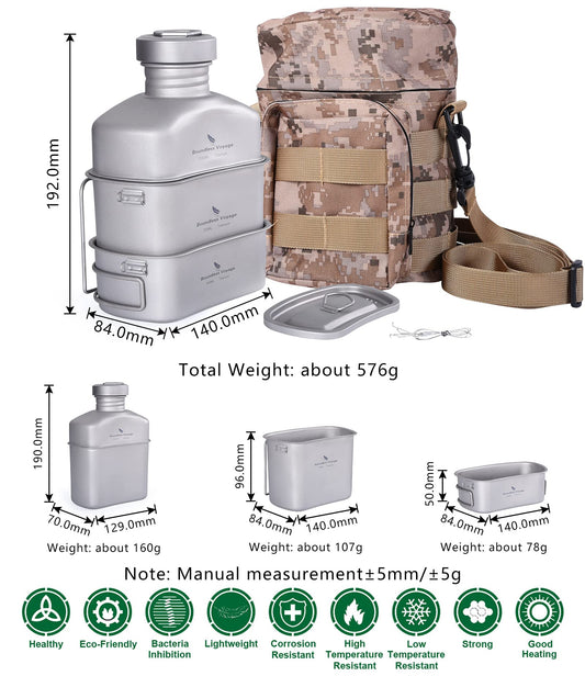 iBasingo Titan Field Bottle Set - Lightest Military Cookware 1100ml water bottle, 750ml & 400ml pot with lid, hanging steel wire & camouflage pouch. Cookware for outdoor camping hiking Ti2049C