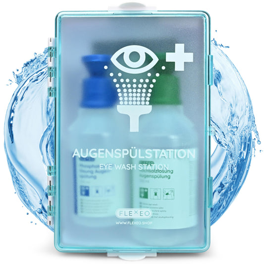 FLEXEO Eye wash station incl. (1x 500 ml NaCl saline solution + 1x 250 ml phosphate buffer solution) with wall mount – eye flushing – eye shower – sterile NaCl eye wash solution – pH-neutral