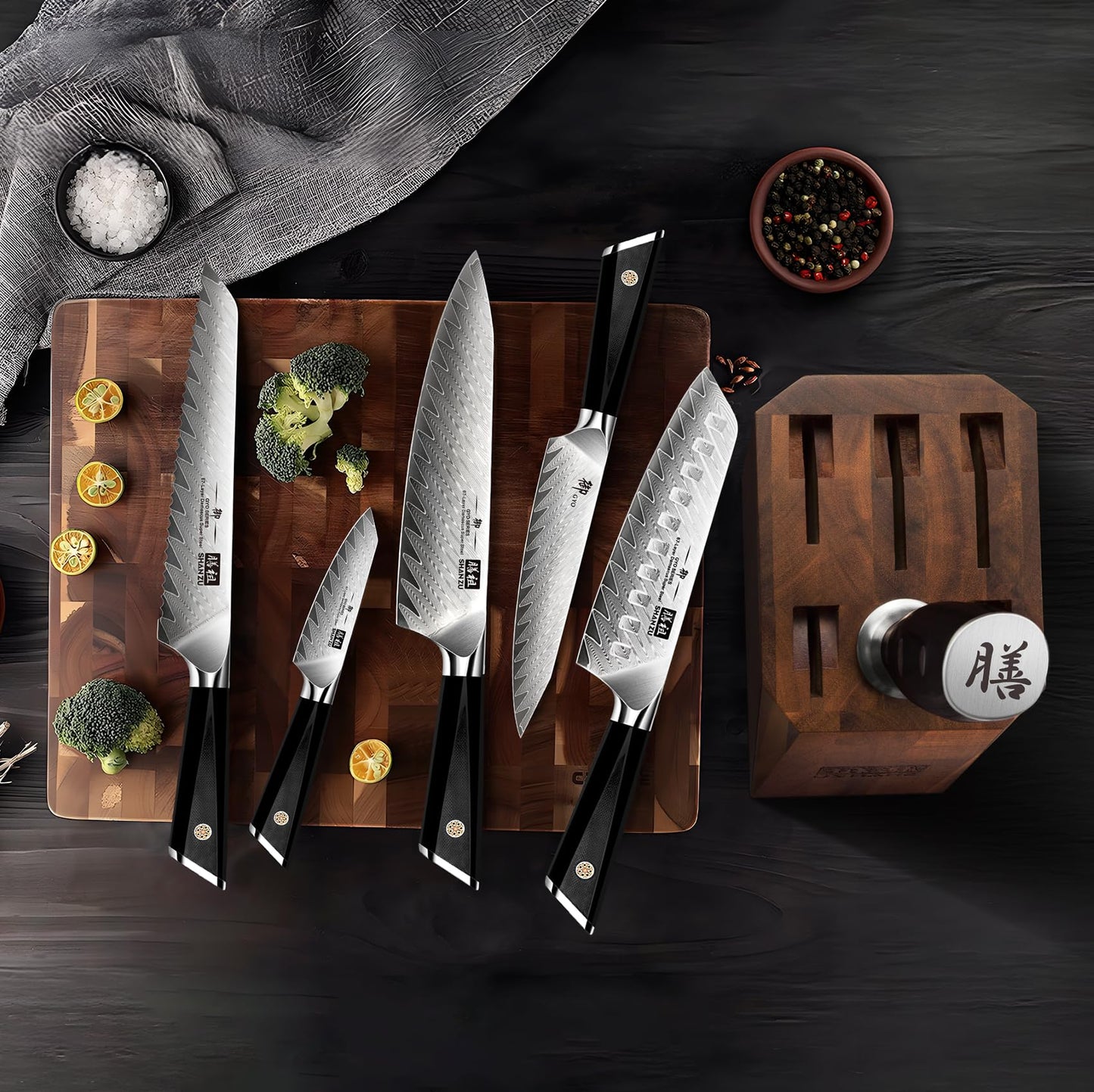 SHAN ZU Damascus Steel Knife Block with 7-piece Kitchen Knife Set made of Japanese 10Cr15CoMoV premium steel, Professional Kitchen Knife with G10 Handle - GYO Series